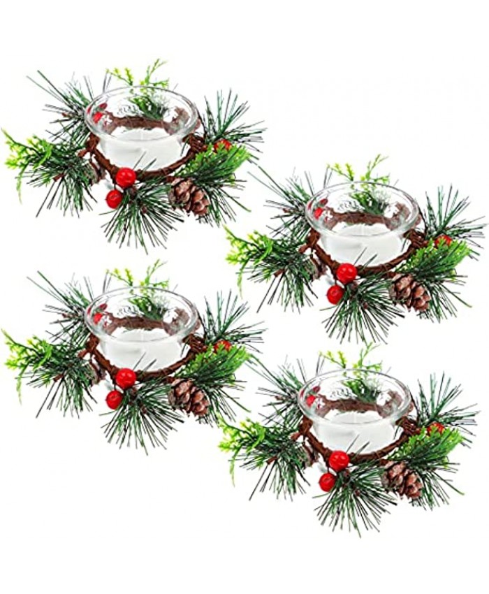 Haomian 4 Pcs Christmas Candle Holders Tea Light Candle Holder with 4 Pcs Pinecone Berry Candle Rings Wreaths Christmas Pillar Candle Rings Christmas Centerpiece Table Decorations