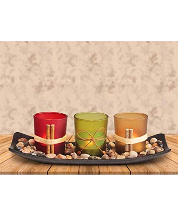 Natural Candles Set 3 Candle Holder with 3 Small LED Candle Lights Rocks and Wooden Tray Flameless Candles for Window Decorative Home Accessories Bedroom Bathroom Christmas