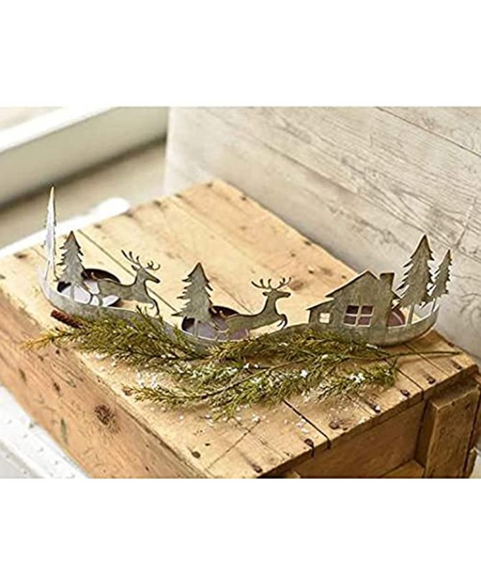 One Holiday Way 20-Inch Long Rustic Distressed Silver Metal Christmas Tree House Reindeer 3 Pillar Mantel Candle Holder Vintage Xmas Tabletop Shelf Decoration Country Farmhouse Home Decor