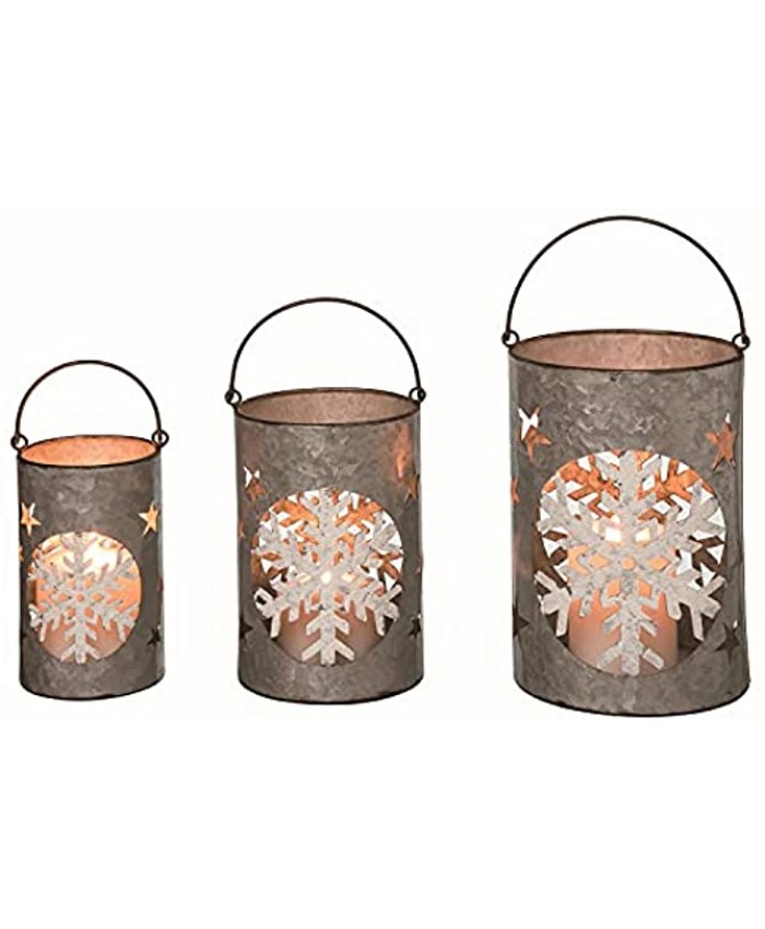 Orchid & Ivy Rustic Set of 3 10-Inch Galvanized Metal Snowflake Votive Candle Lanterns – Metallic Christmas Xmas Holiday Hanging Light Holder Decoration – Decorative Rustic Farmhouse Winter Home Decor
