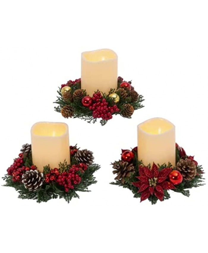 Set of 3 Assorted Christmas Candles with Red and Green Candle Rings 7 Inches Battery Operated with Timers Artificial Pine Poinsettia Berries Ornaments and Pine Cones