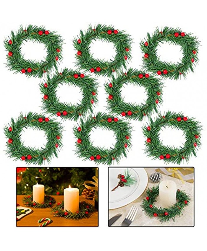 Set of 8 4inch Christmas Candle Ring- Xmas Red Artificial Berry Candle Rings with Grass Small Wreaths for Pillar Candle Holder Rustic Wedding Centerpiece Christmas Holiday Home Tabletop Decoration