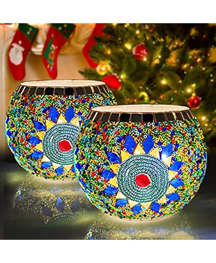 SHMILMH Diwali Tealight Candle Holder Set of 2 Votive Candle Holders Handmade Mosaic Glass Candle Holders with Stained Glass for Christmas Table Centerpiece Set of 2