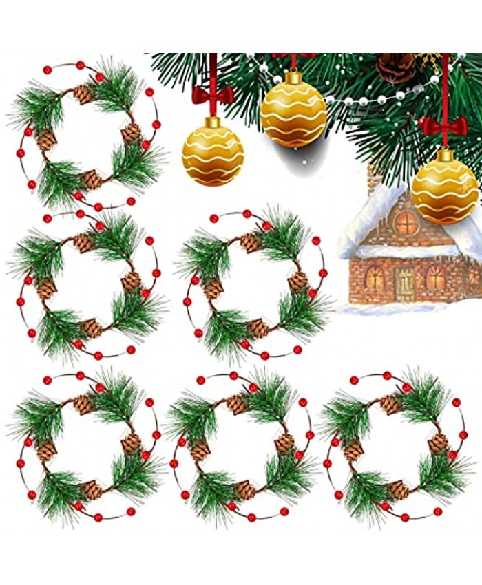 YBB Christmas Candle Rings Small Artificial Red Berry Pine Cone Wreath Candle Holder Rings Fits 3 Inch Pillars Candle Tapers for Rustic Wedding Centerpiece Christmas Table Decoration 6pcs