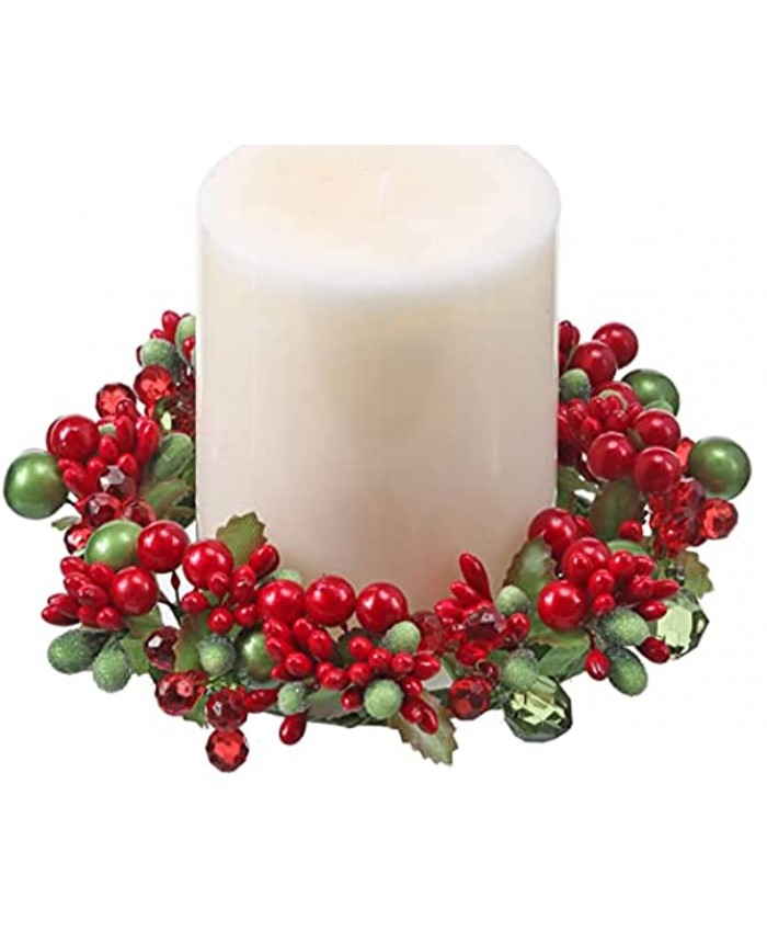6 Inch Crystal and Pearlized Berry Candle Ring Holds 3.75 Inch Pillar Candle Red and Green Christmas Candle Ring