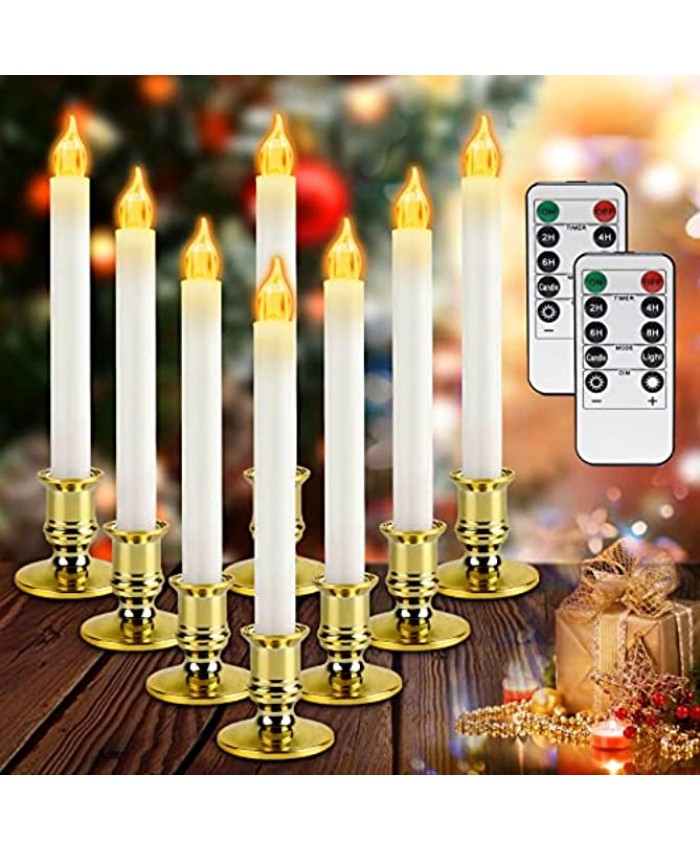 Christmas Window Candles Lights 8 Pack Flameless Battery Operated Taper Candles with 2 Remote Timer Led Electric Candle Light with Removable Golden Holder Suction Cup Christmas Decor Candles