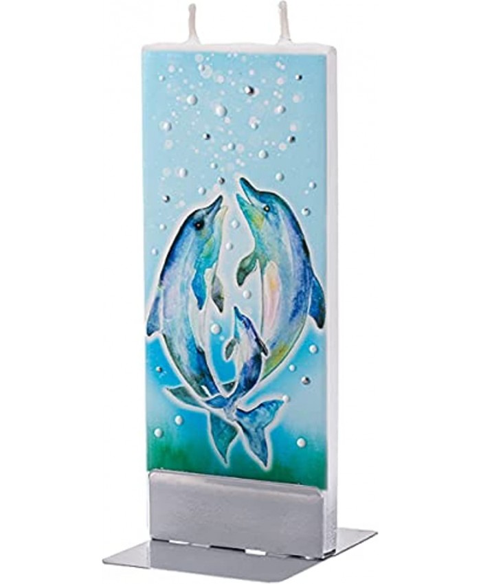 Flatyz Decorative Flat Double Wick Non Drip Candle with Base D21033 Two Dolphins Jumping 6 Inches x 2.4 Inches x .25 Inches