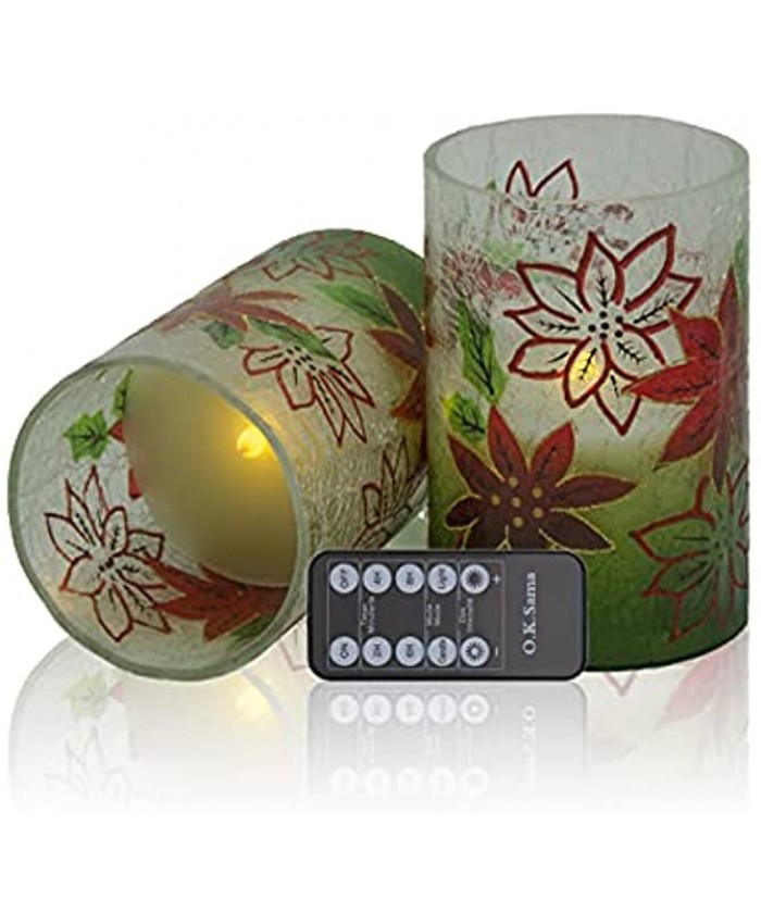 O.K.Sama Christmas LED Flameless Glass Candles with 10-Key Remote Control and Timer,Set of 22-D4"X6"Real Wax Pillars,Special Crack,Gradient Color Christmas Flower,New-Year Party,Home Decoration