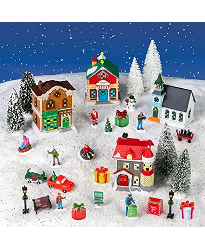 Charmed By Dragons 32 Piece Christmas Village Collection with Houses Figurines Trees with Snowy White Glitter Cotton Drape 32 Piece Set 32 Piece Christmas Village