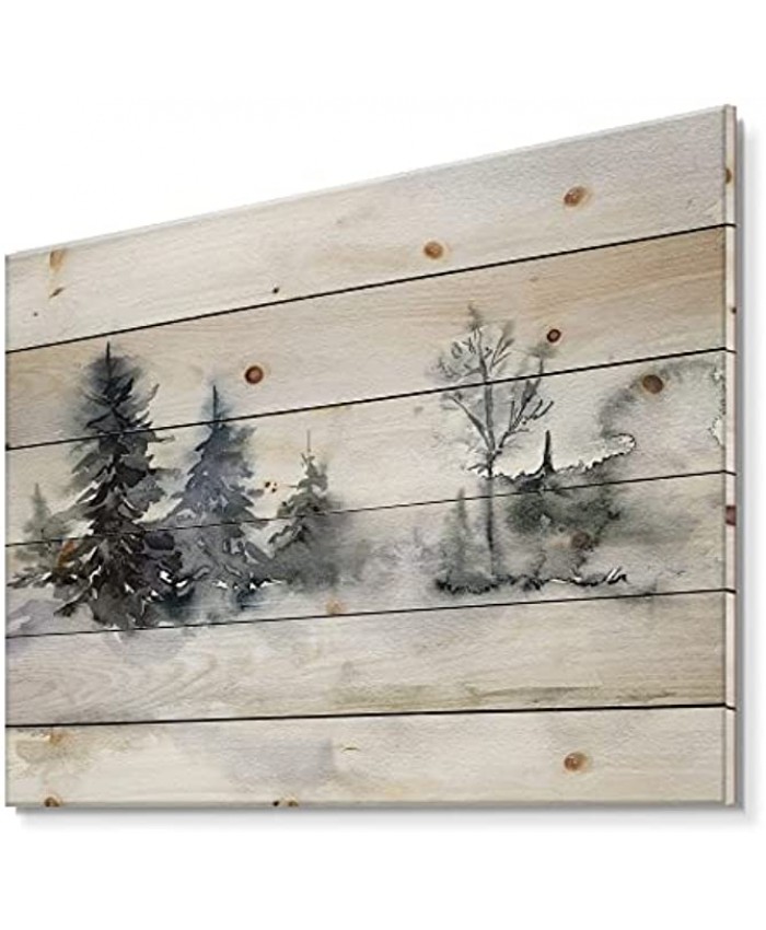 DesignQ Christmas Minimalistic Forest Landscape and Snow Lake House Print on Natural Pine Wood