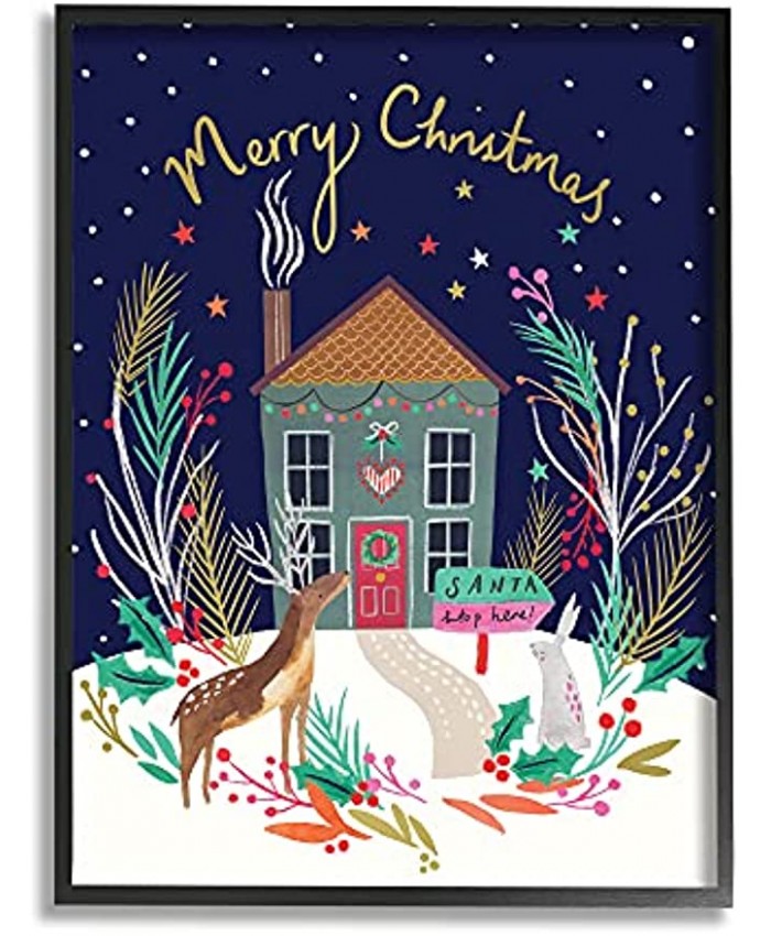 Stupell Industries Merry Christmas Family Home Scene Festive Reindeer Holly Designed by Heather McLaughlin Black Framed Wall Art 16 x 20 Blue