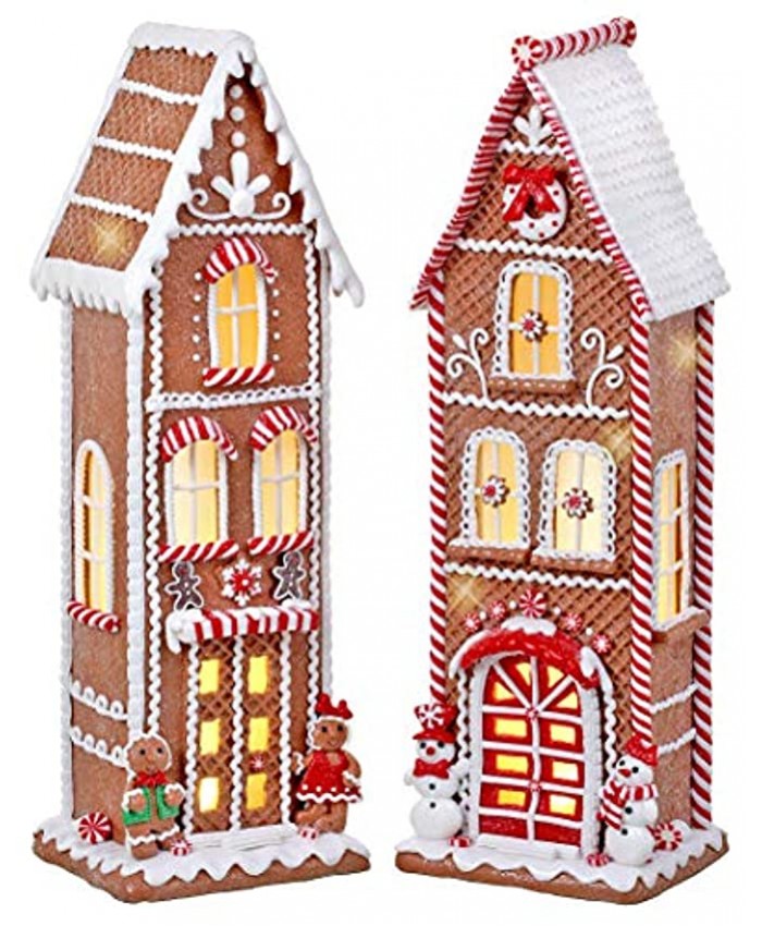 TenWaterloo Set of 2 Large Lighted Gingerbread Peppermint Candy House with Timers in Clay Dough Resin with Frosted Snow Look Battery Operated 17 Inches High Each