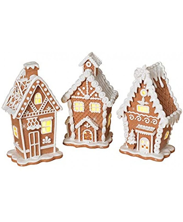 TenWaterloo Set of 3 Lighted Gingerbread White Frosting Houses in Clay Dough Resin with Frosted Snow Look Battery Operated 7.5 Inches High Each