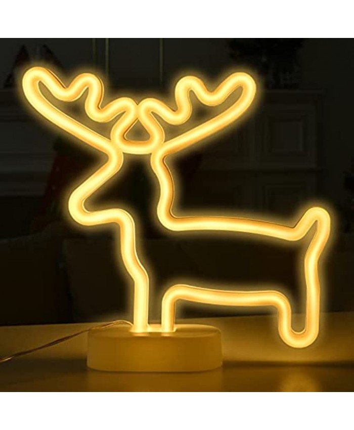 Warm White Reindeer Indoor Night Table Lights with Battery or USB Powered Christmas Decorations Indoor LED Neon Signs Lights for Room Wall Christmas Tree Decor for Kids Friends