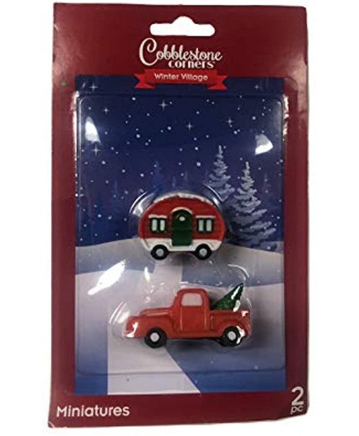 Winter Village Miniature Vintage Red Truck with Christmas Tree and Red Camper Set