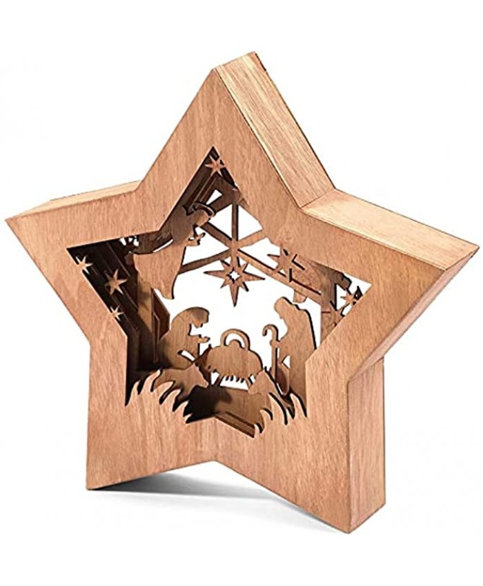Christmas Nativity Set Rustic Wooden Star Shaped Bible Scene 10.5 x 2 x 10 in